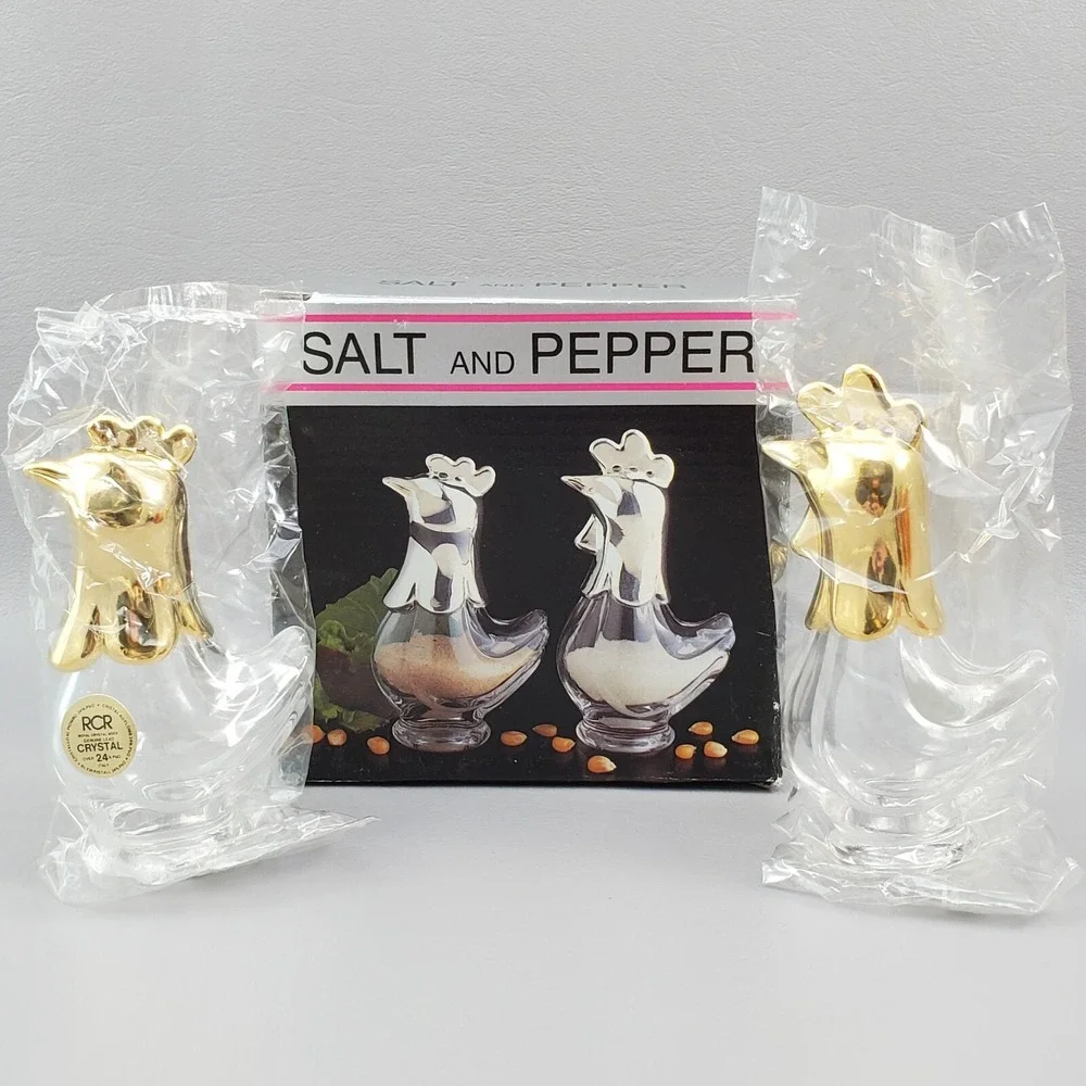 Rooster Hen Salt & Pepper Shakers Royal Crystal Rock RCR Crystal Gold Italy